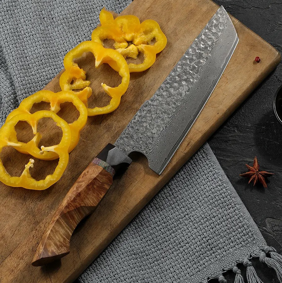 Maple wood damaškový kuchařský nakiri nůž  02